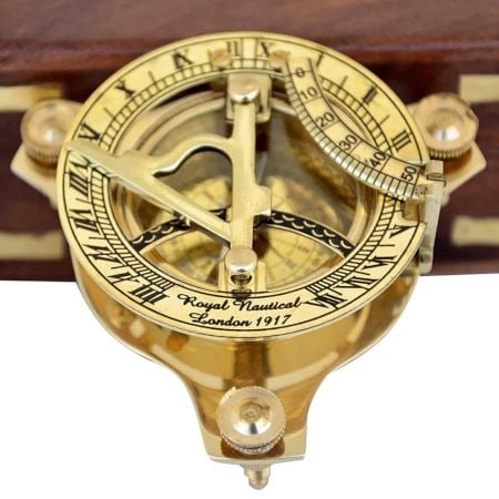 Brass Nautical Sundial Compass with Wooden Case